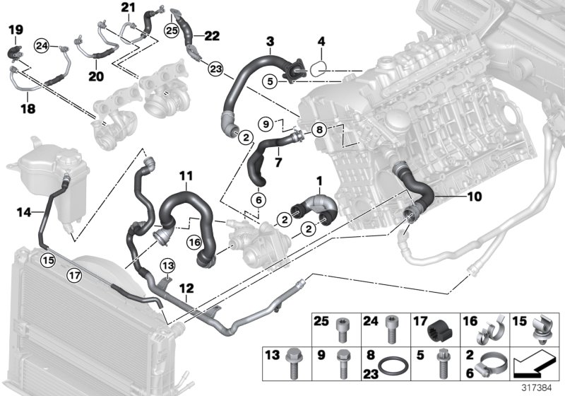 Шланги системы охлаждения для BMW E90N 335xi N54 (схема запчастей)