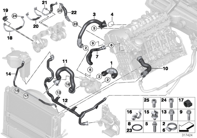 Шланги системы охлаждения для BMW E82 135i N54 (схема запчастей)