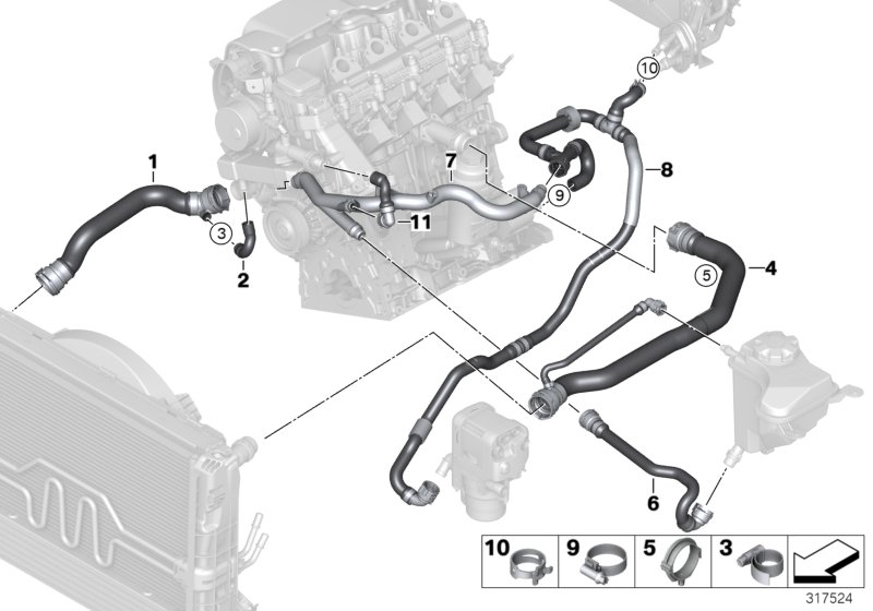 Шланги системы охлаждения для BMW E91 318d M47N2 (схема запчастей)