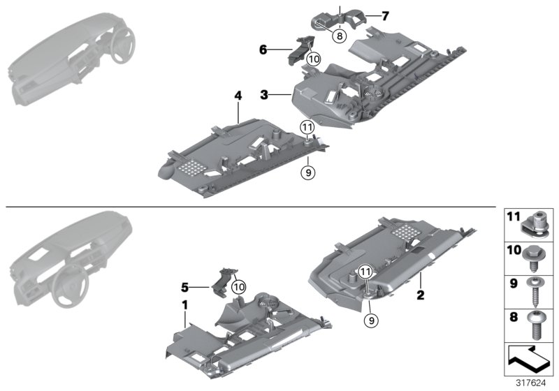 Доп.элементы панели приборов Нж. для BMW F10N 520dX N47N (схема запчастей)