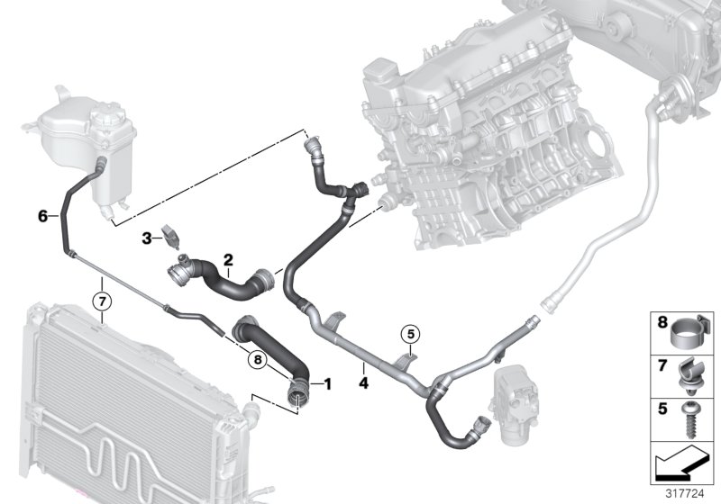 Шланги системы охлаждения для BMW E90 316i N45 (схема запчастей)