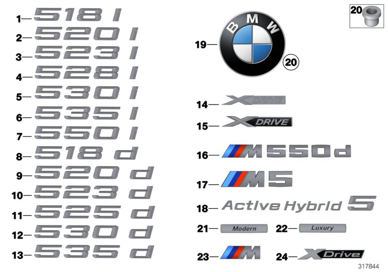 Эмблемы / надписи для BMW F10 523i N52N (схема запчастей)