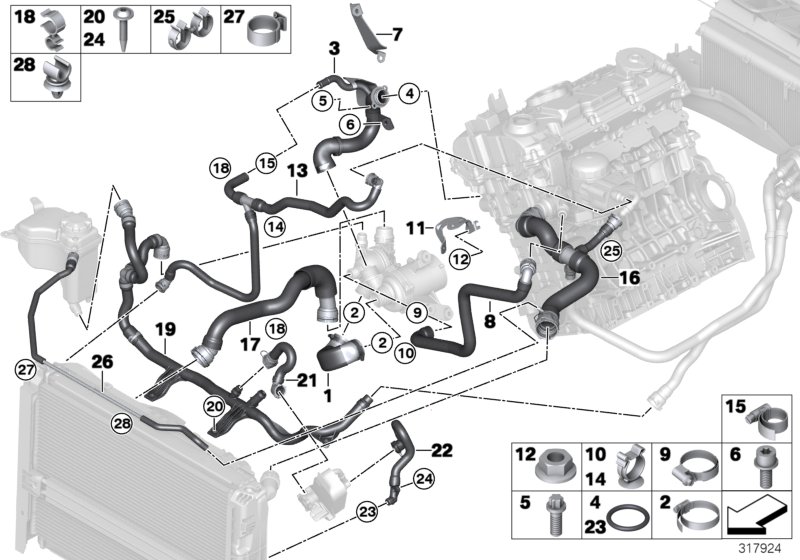 Шланги системы охлаждения для BMW E87N 116i 2.0 N43 (схема запчастей)