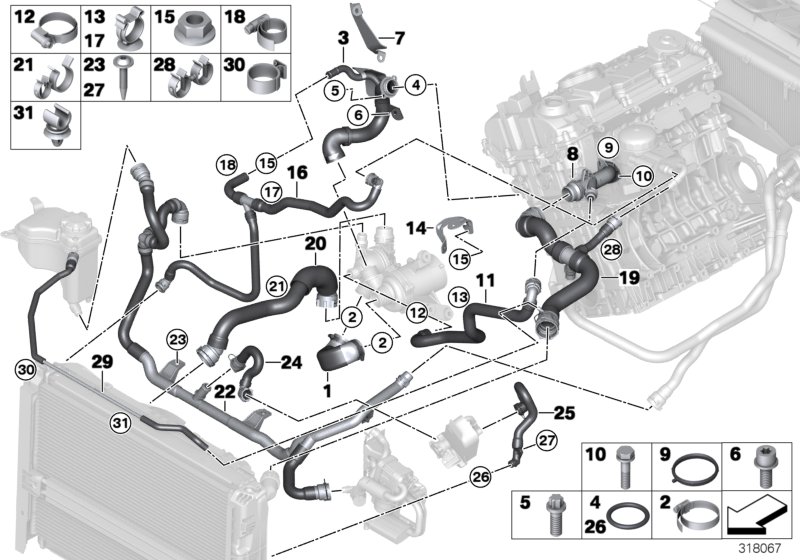 Шланги системы охлаждения для BMW E91 318i N43 (схема запчастей)