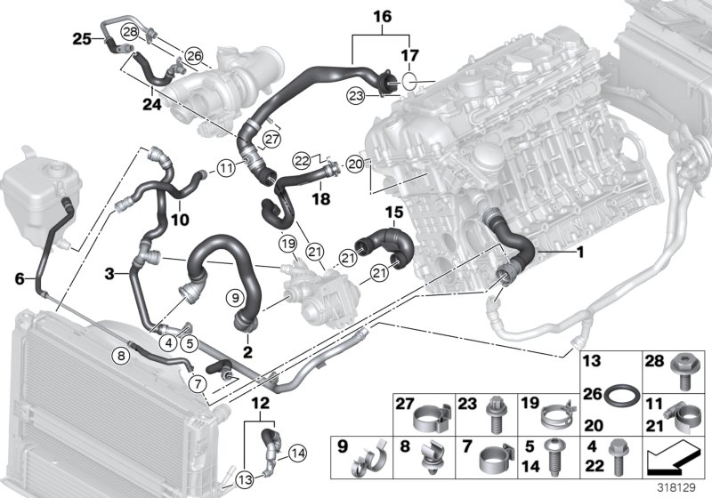 Шланги системы охлаждения для BMW E92N 335i N55 (схема запчастей)