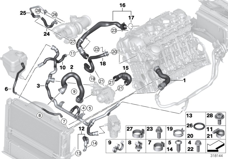 Шланги системы охлаждения для BMW E92N 335i N55 (схема запчастей)
