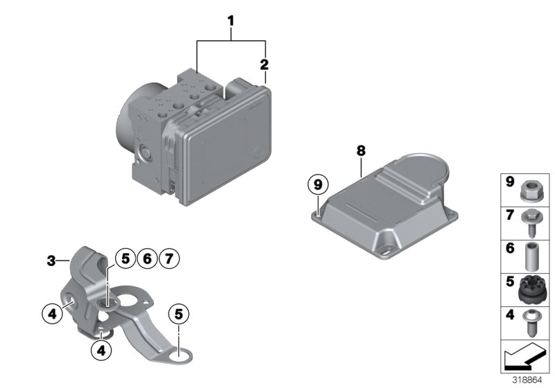 Гидроагрегат DSC/крепление/датчики для BMW F34 328iX N20 (схема запчастей)