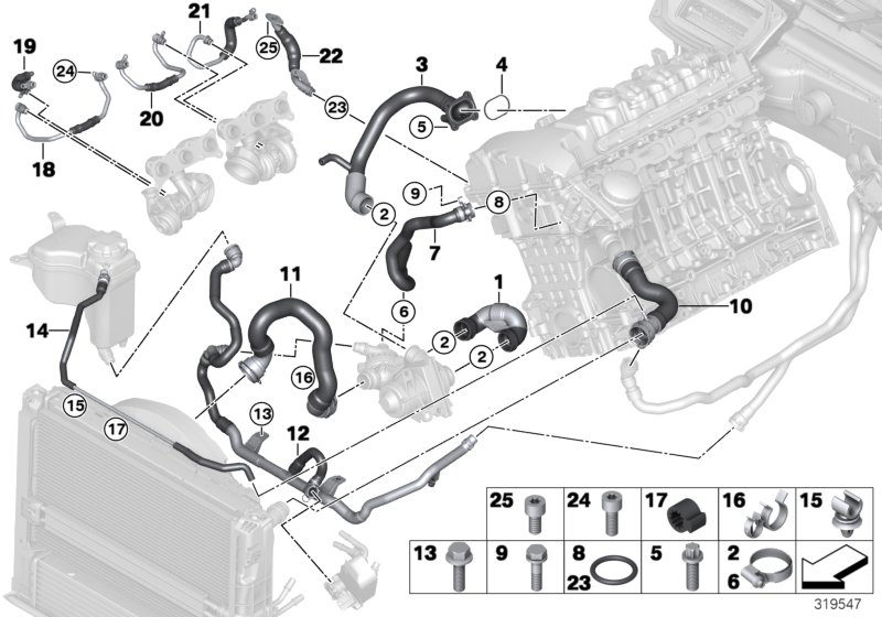 Шланги системы охлаждения для BMW E91 335xi N54 (схема запчастей)