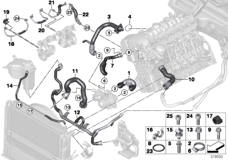 Шланги системы охлаждения для BMW E92 335i N54 (схема запчастей)