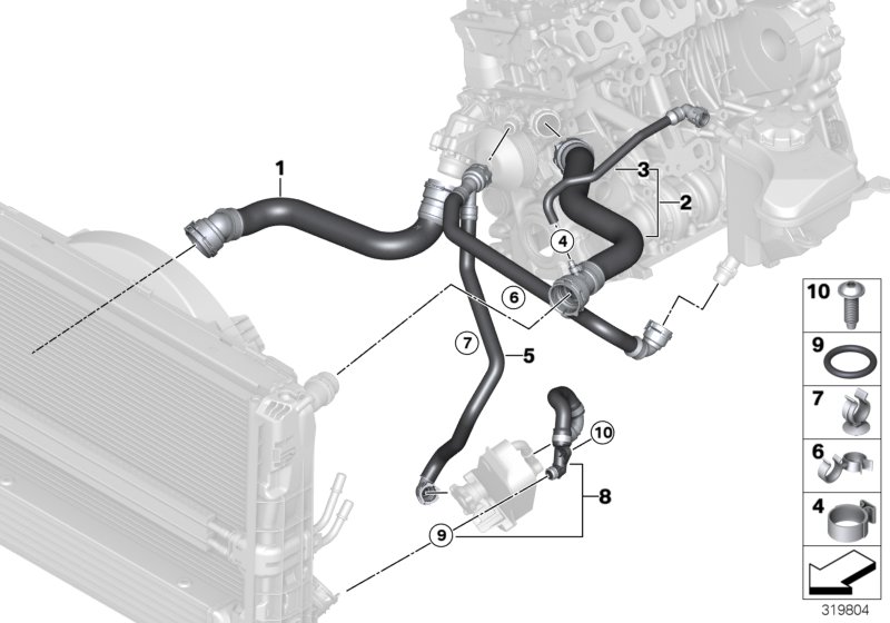 Шланги системы охлаждения для BMW E90N 320xd N47 (схема запчастей)