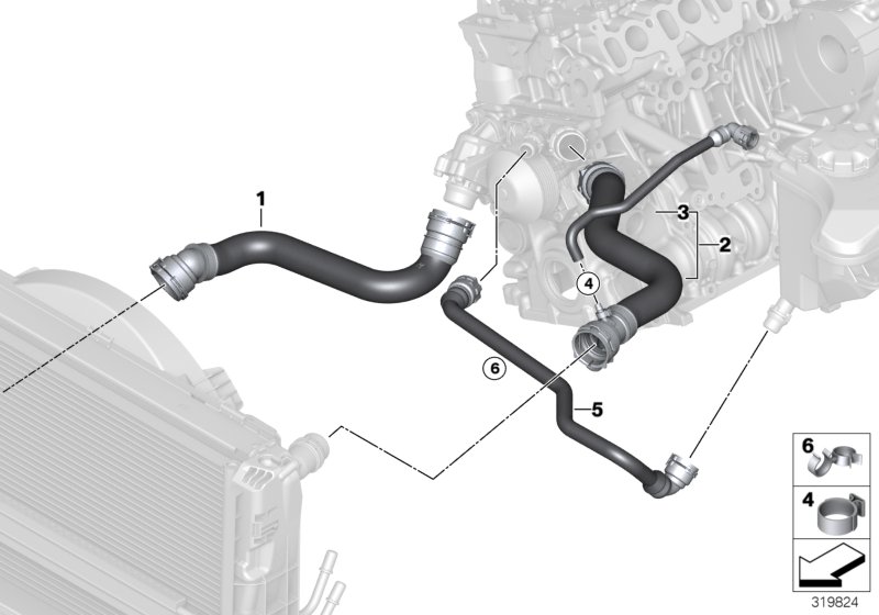 Шланги системы охлаждения для BMW E92 320xd N47 (схема запчастей)