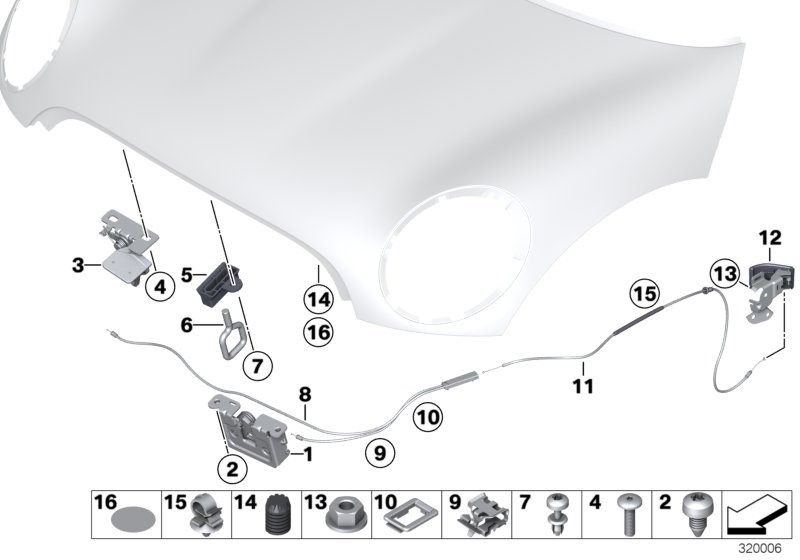 Капот/система замков для BMW R58 Cooper S N18 (схема запчастей)