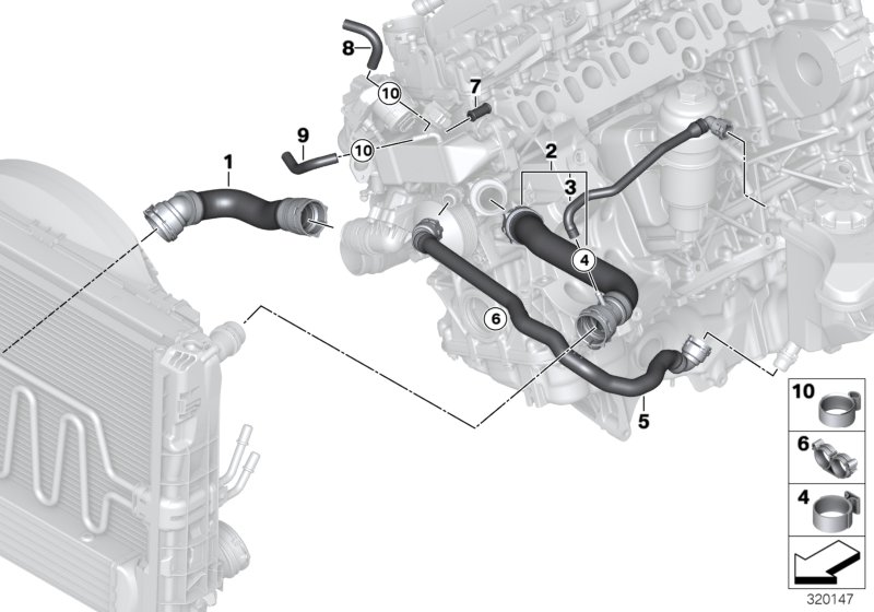 Шланги системы охлаждения для BMW E91N 330xd N57 (схема запчастей)