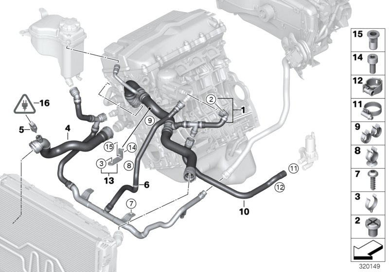 Шланги системы охлаждения для BMW E90 320si N45 (схема запчастей)