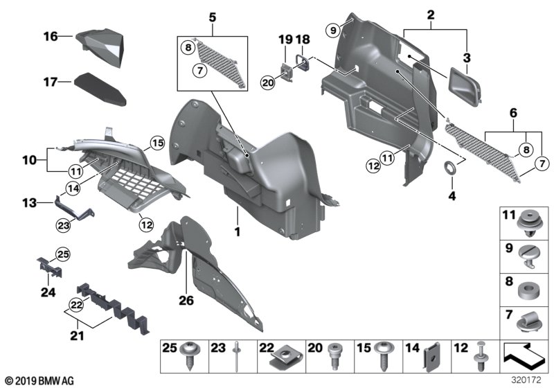 Обшивка багажного отделения Бок для MINI R61 Cooper ALL4 N16 (схема запчастей)