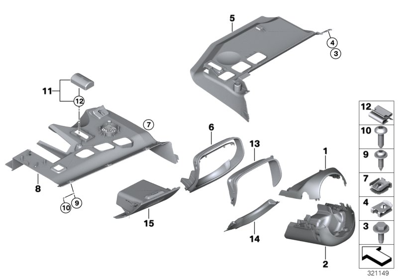 Доп.элементы панели приборов Нж. для BMW E91N 330xd N57 (схема запчастей)