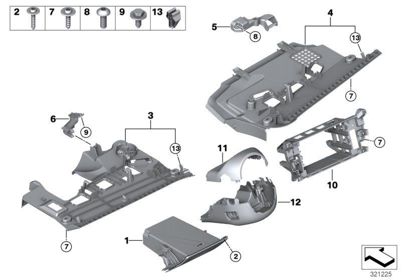 Доп.элементы панели приборов Нж. для BMW F11 525dX N47S1 (схема запчастей)