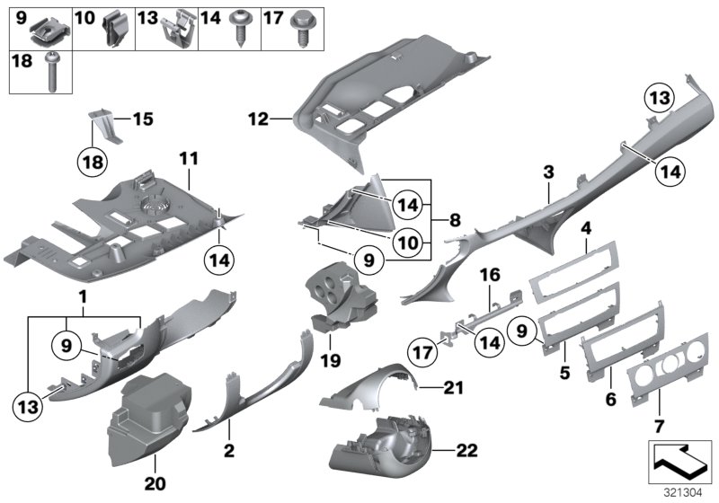 Доп.элементы панели приборов Нж. для BMW E84 X1 18dX N47 (схема запчастей)