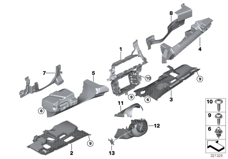 Доп.элементы панели приборов Нж. для BMW E71 X6 35iX N55 (схема запчастей)