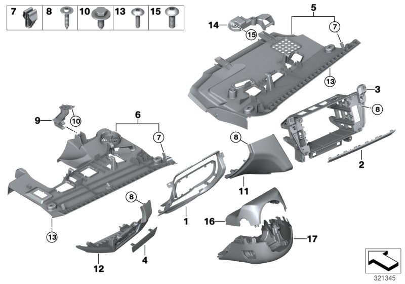 Доп.элементы панели приборов Нж. для BMW F06 640i N55 (схема запчастей)