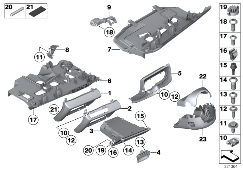 Доп.элементы панели приборов Нж. для BMW F02 760Li N74 (схема запчастей)