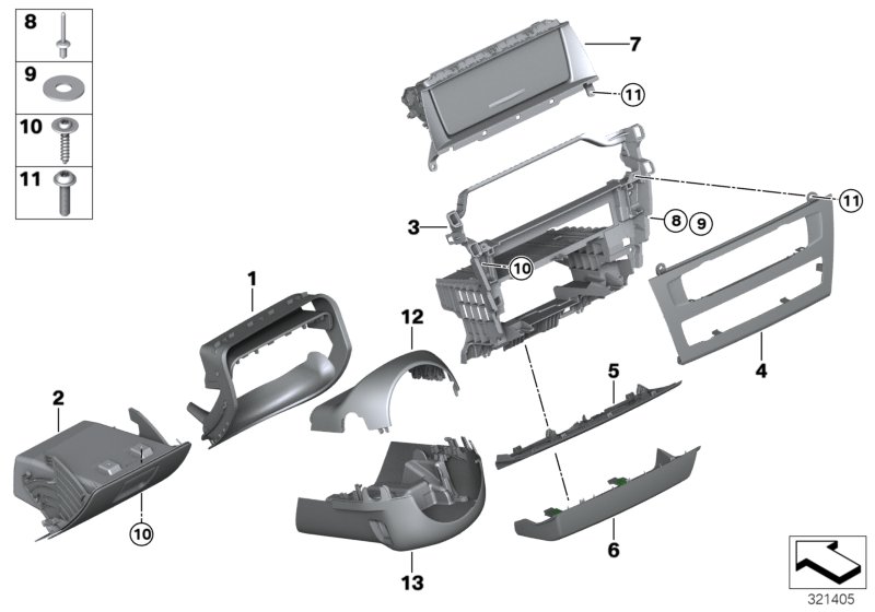 Доп.элементы панели приборов Нж. для BMW F26 X4 M40iX N55 (схема запчастей)