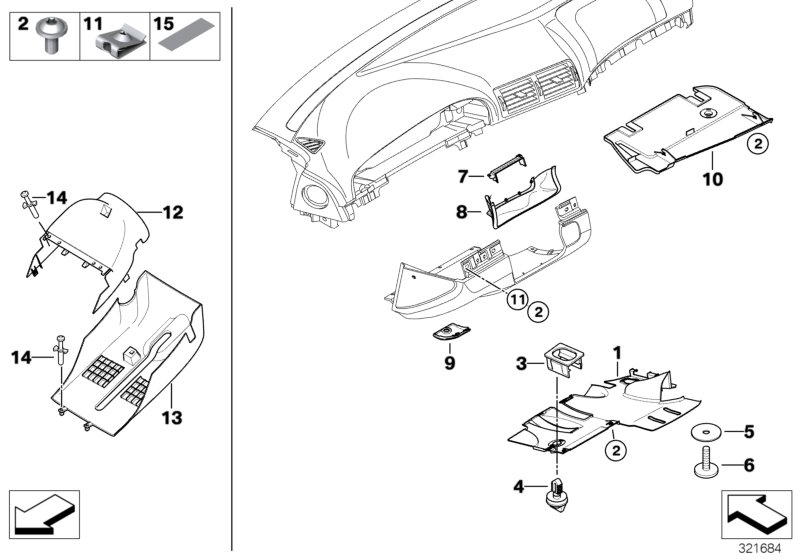 Панель приборов/дополнительные элементы для BMW E39 525tds M51 (схема запчастей)