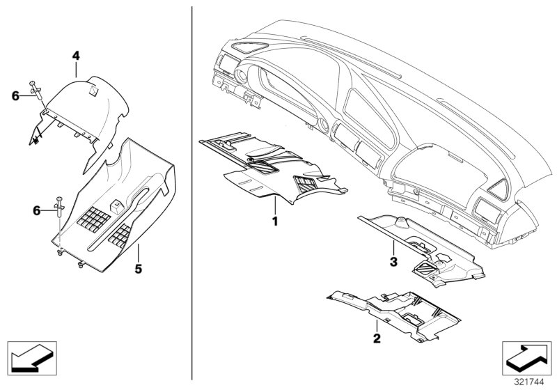 Панель приборов/дополнительные элементы для BMW E38 730d M57 (схема запчастей)