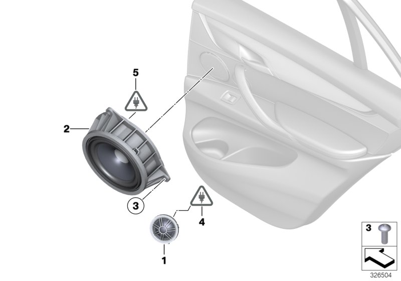 Детали системы Top-HiFi на Зд двери для BMW F15 X5 40eX N20 (схема запчастей)