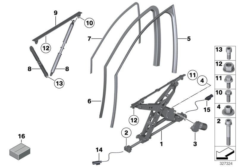 Механизм перемещения стекла двери Пд для BMW F03 750LiS N63 (схема запчастей)
