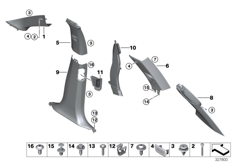 Облицовка стойки A / B / C / D для BMW F15 X5 40dX N57Z (схема запчастей)