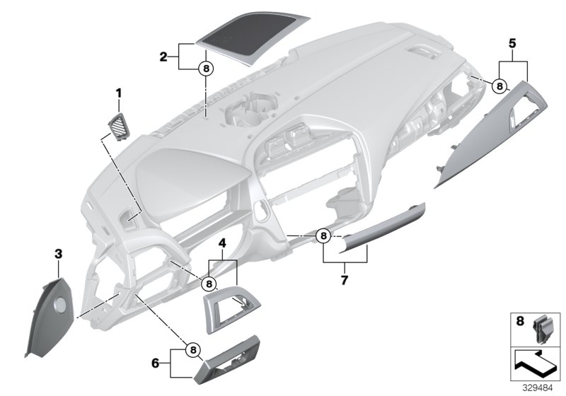 Доп.элементы панели приборов Вх для BMW F22 220i N20 (схема запчастей)