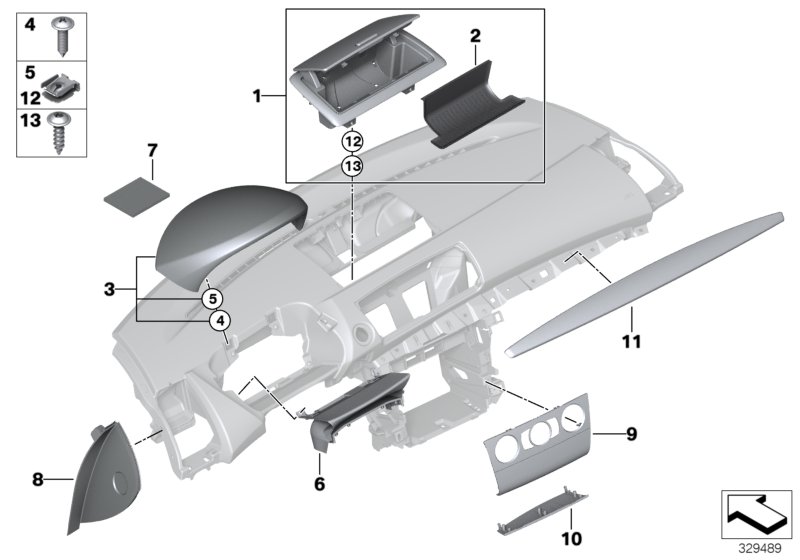 Доп.элементы панели приборов Вх для BMW E88 135i N54 (схема запчастей)