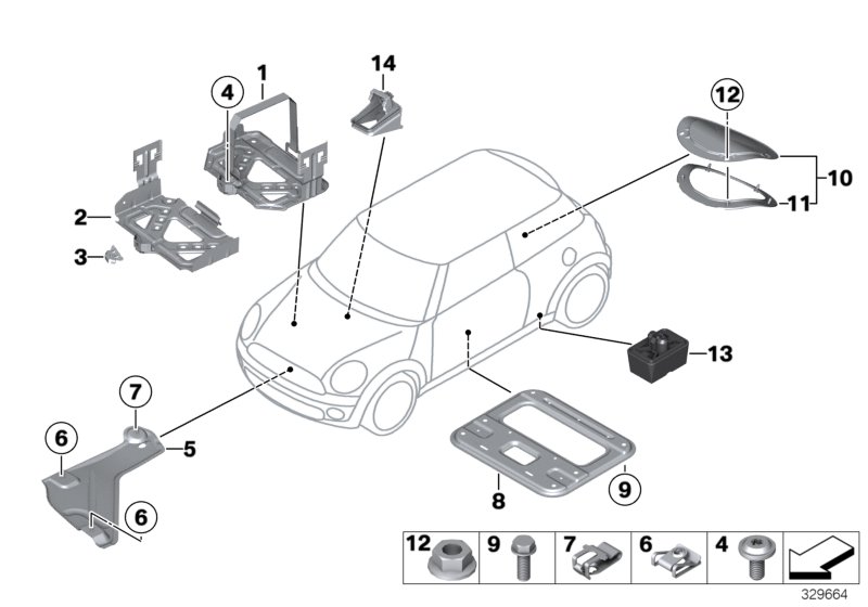 Монтажные детали, кузов для MINI R55 Cooper S N14 (схема запчастей)
