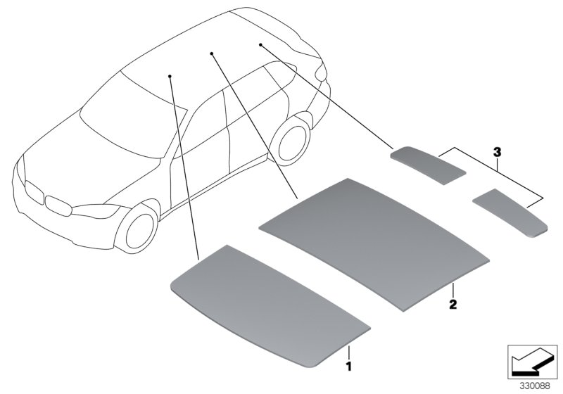 Звукоизоляция крыши для BMW F15 X5 25d B47 (схема запчастей)