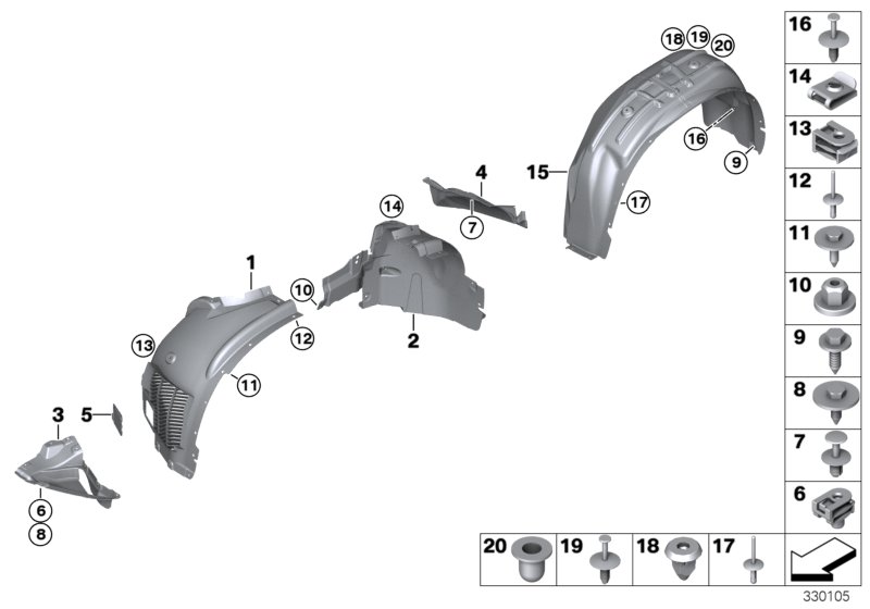 Защитный кожух колесной ниши для BMW F15 X5 25dX N47S1 (схема запчастей)