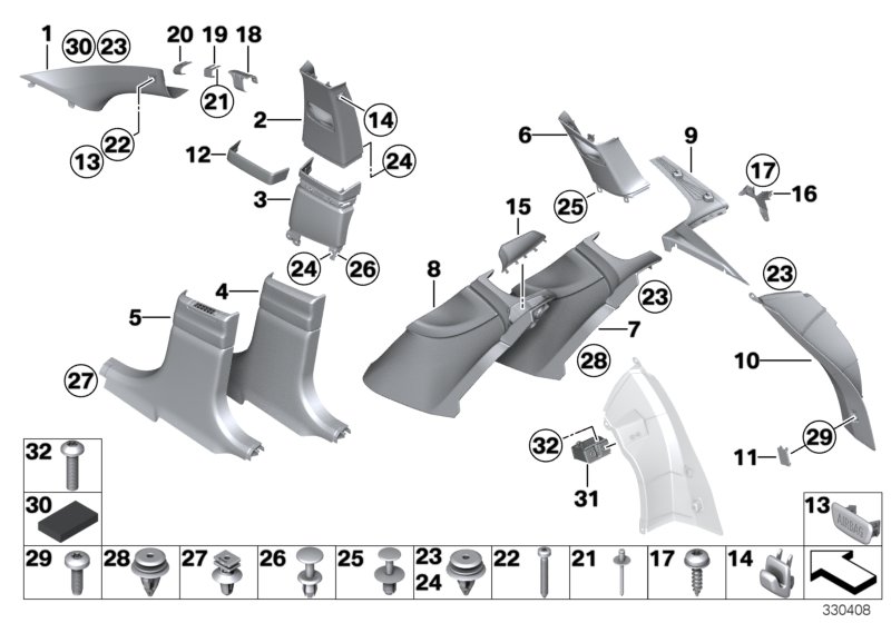 Облицовка стойки A / B / C / D для BMW F07N 528i N20 (схема запчастей)