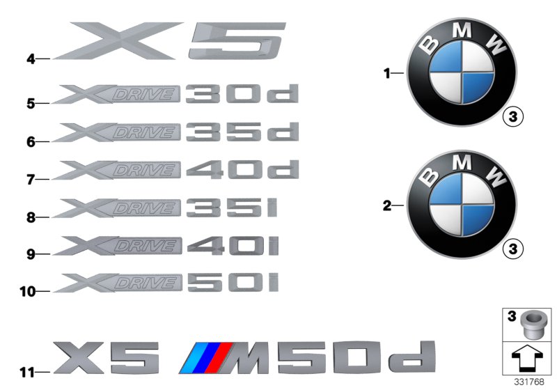 Эмблемы / надписи для BMW E70N X5 40dX N57S (схема запчастей)