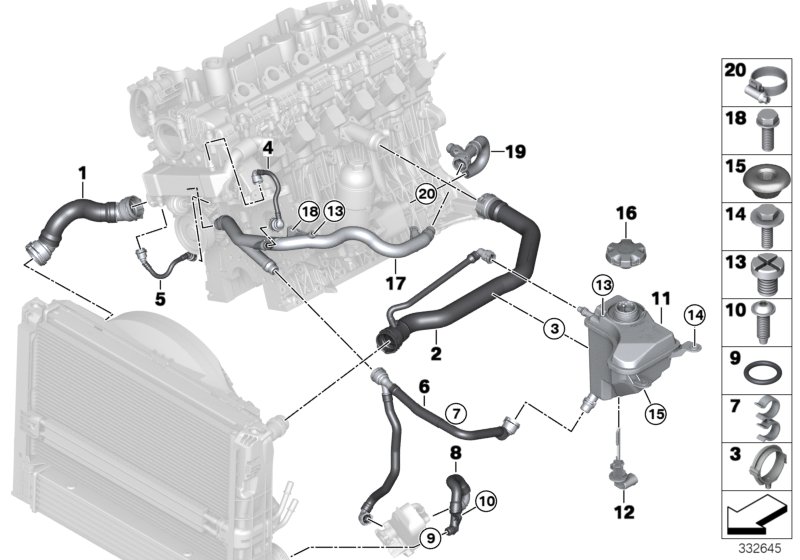 Шланги системы охлаждения для BMW E90 335d M57N2 (схема запчастей)