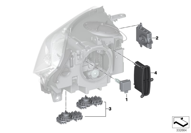 Детали электронного блока фары для BMW F16 X6 50iX 4.4 N63N (схема запчастей)