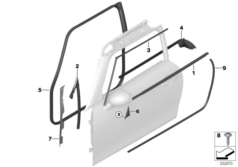 Накладки и уплотнения двери Пд для MINI F56 Cooper B38 (схема запчастей)