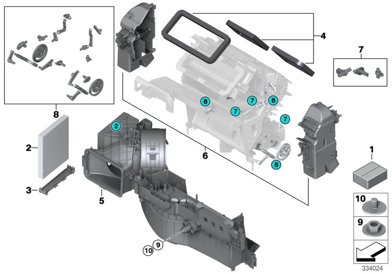 Детали корпуса сист.отопления и кондиц. для BMW F15 X5 30dX N57N (схема запчастей)