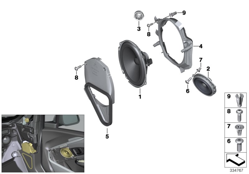 Детали переднего динамика для BMW I01 i3 60Ah IB1 (схема запчастей)