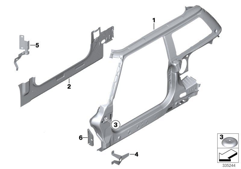 Детали бокового каркаса для BMW R56 Coop.S JCW N14 (схема запчастей)