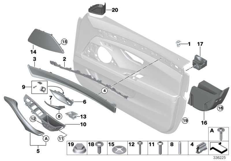Доп.элементы обшивки передней двери для BMW F11N 525d N47S1 (схема запчастей)