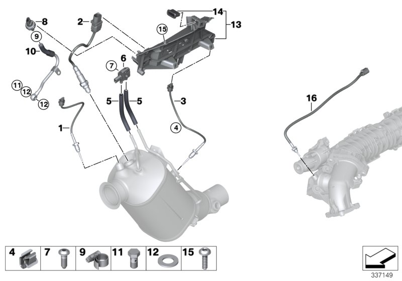 Датчики саж. фильтра/дополн.элементы для BMW F15 X5 25dX N47S1 (схема запчастей)
