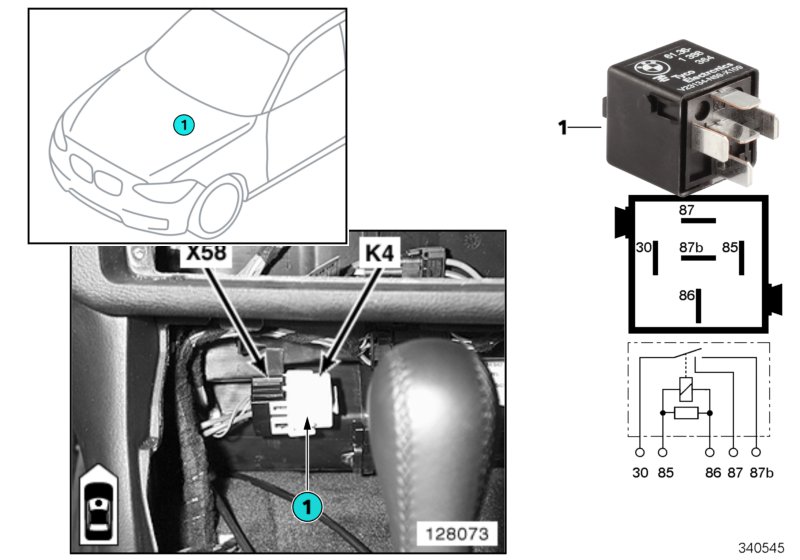 Реле вентилятора отопителя K4 для BMW E46 318td M47N (схема запчастей)