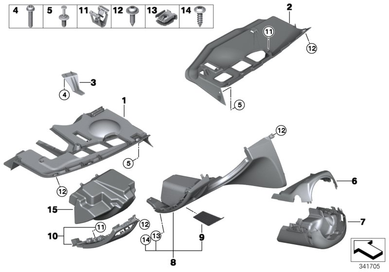 Доп.элементы панели приборов Нж. для BMW E81 123d N47S (схема запчастей)