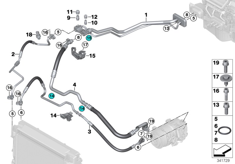 Трубопроводы хладагента для BMW F15 X5 30dX N57N (схема запчастей)