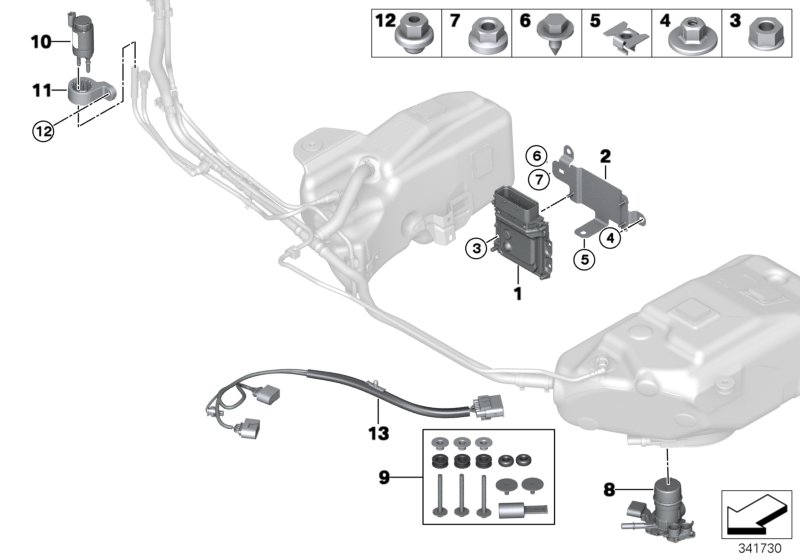 SCR, электронные компоненты для BMW F07N 535dX N57Z (схема запчастей)